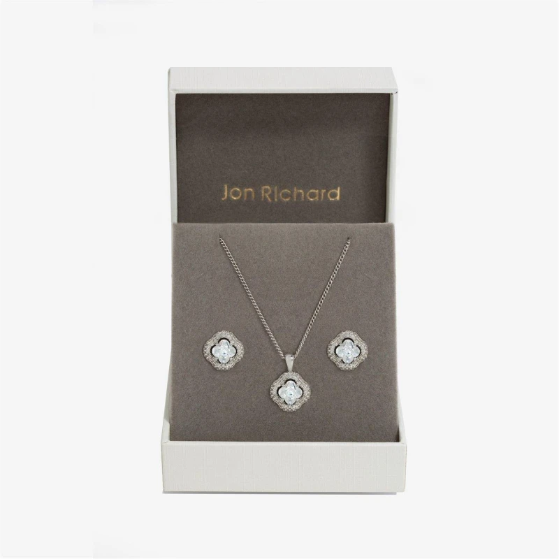 Image of Jon Richard Rhodium Plated CZ Clover Set - Gift Boxed Silver female One Size