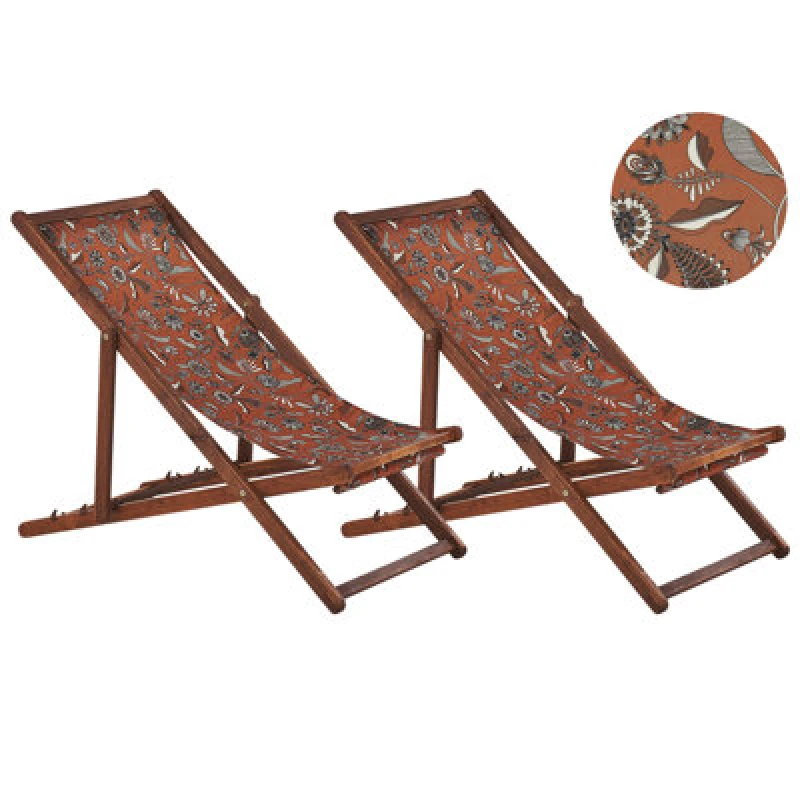 Image of BELIANI Beliani - Set of 2 Folding Deck Chairs Sun Loungers Dark Acacia / Floral Pattern Anzio 311533
