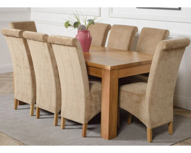 Image of Thats Furniture Dakot 182 x 92cm Oak Large Dining Table & 8 Montana Fabric Chairs in Beige Size: 182 x 92cm Beige Unisex 182 x 92 cm