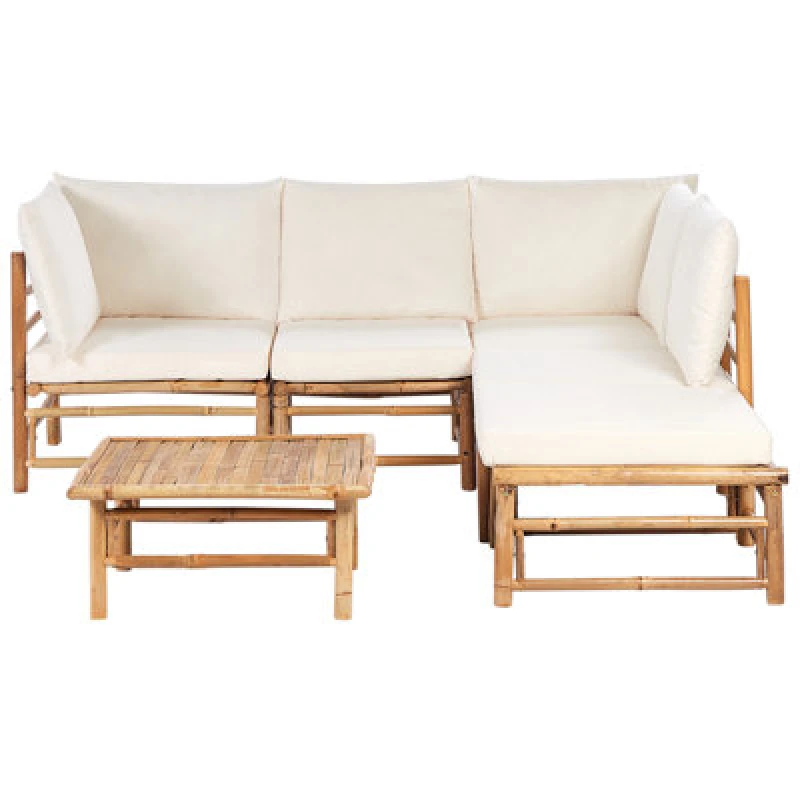 Image of Beliani Garden Corner Sofa With Table 5 Seater Cerreto Left Hand Bamboo Wood Off-White