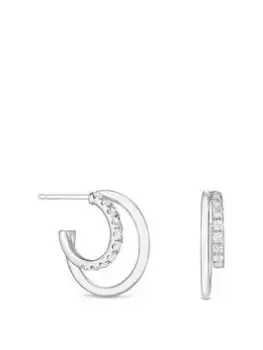 Image of Simply Silver Sterling Silver 925 Cubic Zirconia And Polished Double Row Hoop Earrings, Silver, Women