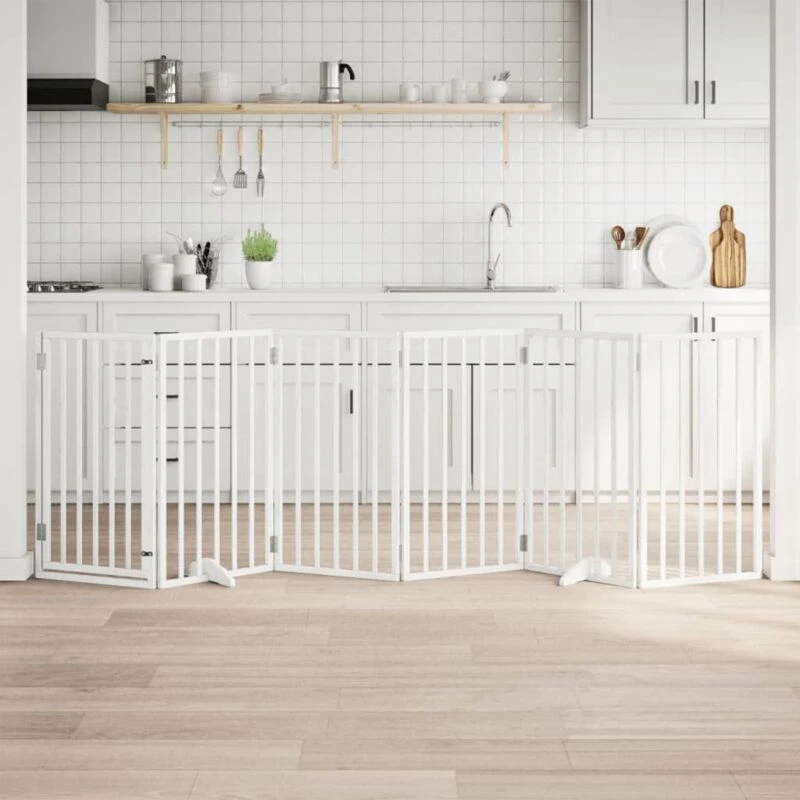 Image of vidaXL Dog Gate with Door Foldable 6 Panels White 300cm Poplar Wood, White 352183