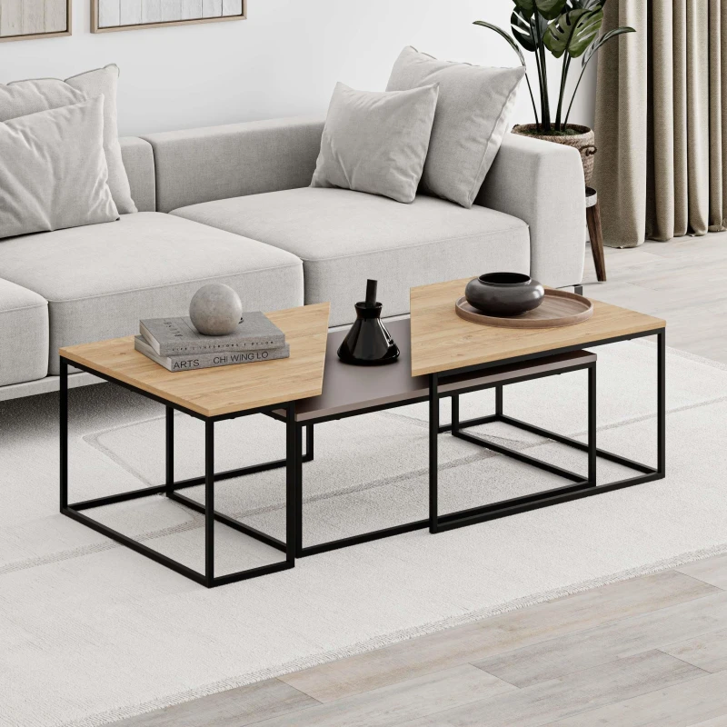 Image of Decortie Modern Ohlady Coffee Table Mocha Grey-Oak 3 Piece Centre Table 110(W)Cm Metal Frame Legs Living Room