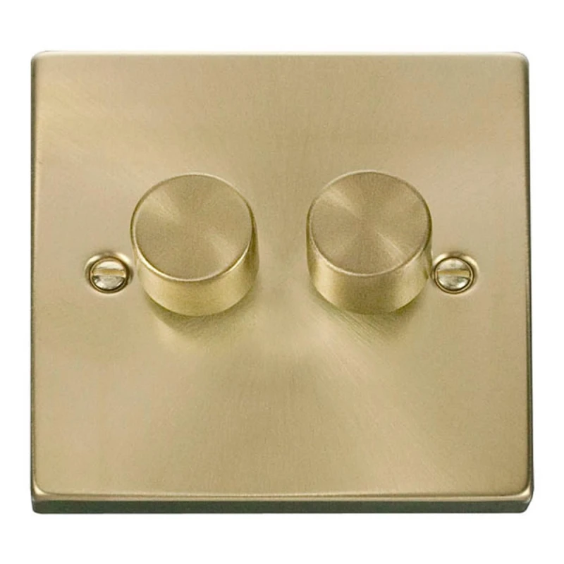 Image of SE Home Satin / Brushed Brass 2 Gang 2 Way LED 100W Trailing Edge Dimmer Light Switch Gold
