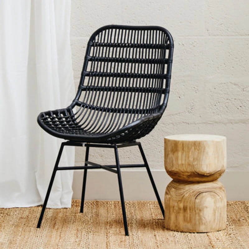 Image of Premier Housewares Curved Black Natural Rattan Chair, Rustless Rattan Chair, Easy Cleaning Rattan Armchair Black