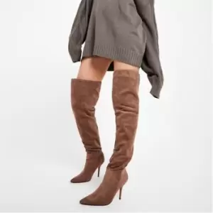 Image of I Saw It First FauXSuede Pointed Toe Stiletto Thigh High Boot - Brown