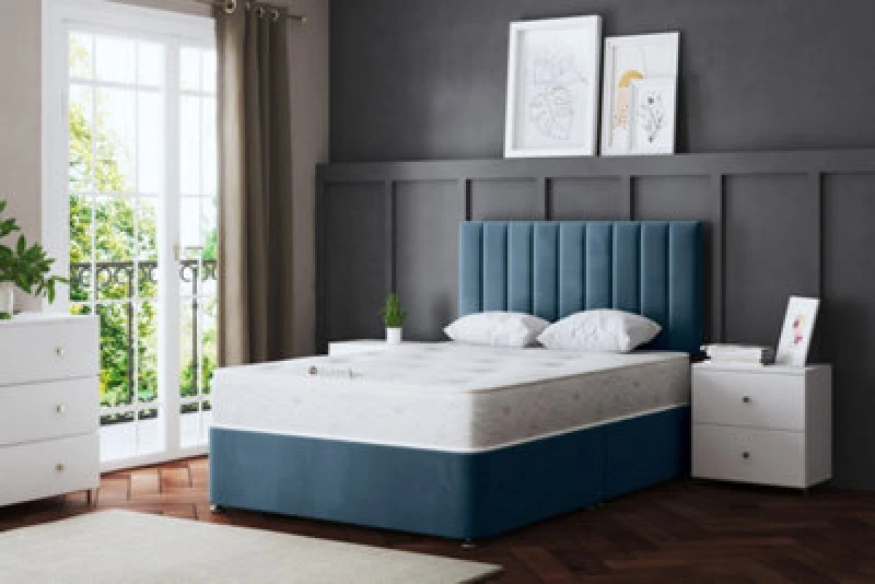 Image of DS Living Amelia Upholstered Divan Bed Metallic Blue Panel with Headboard Double, Blue A_SON_DBL_BLU