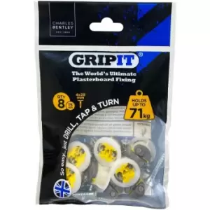 Image of Charles Bentley - Gripit 15mm Plasterboard Fixing - 8 Pack (Yellow) Stud Wall Anchor Max Load 71kg - Yellow