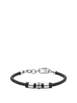Image of Fossil Black Leather and Stainless Steel Men Bracelet