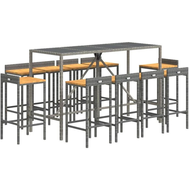 Image of VIDAXL 11 Piece Garden Bar Set Grey Poly Rattan& Solid Wood Acacia Vidaxl 8720845880644