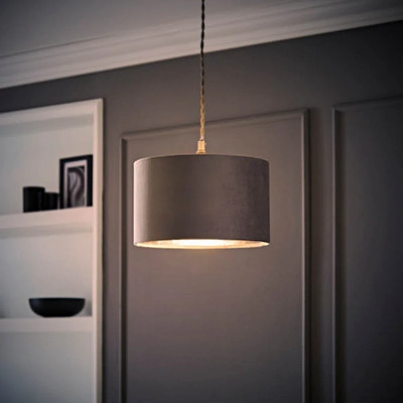 Image of ValueLights ValueLights Reni Pale Grey Velvet with Chrome Inner Easy Fit Lamp Shade and Bulb Size: Small Pale Grey Small Unisex 5059406062087
