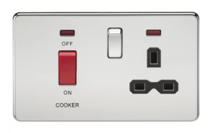 Image of KnightsBridge 45A 2G DP 230V Screwless Polished Chrome Switch With Neon and Socket - Black Insert