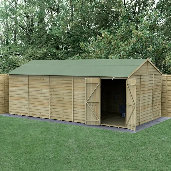 Image of 20' x 10' Forest 4Life 25yr Guarantee Overlap Pressure Treated Windowless Double Door Reverse Apex Wooden Shed (5.96m x 3.21m)