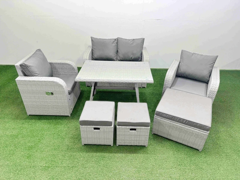 Image of Fimous PE Wicker Rattan Garden Furniture Set Reclining Chairs Love Sofa in Light Grey Light Grey Unisex