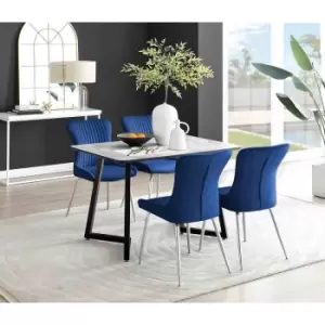 Image of Furniture Box Carson White Marble Effect Dining Table and 4 Blue Nora Silver Leg Chairs