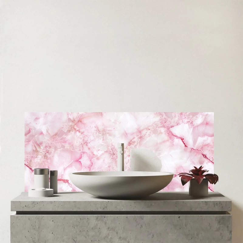 Image of Warren Reed - Designer Pink & White Quartz Effect Glass Bathroom Splashback Pink Unisex