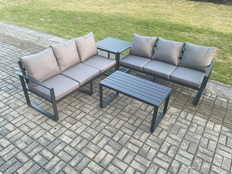 Image of Fimous Aluminium 4 Pieces Outdoor Garden Furniture Lounge Sofa Set with Oblong Coffee Table Side Table Dark Grey Dark Grey Unisex