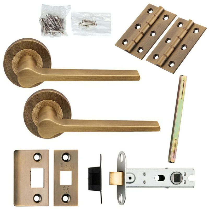 Image of Loops Door Handle & Latch Pack Antique Brass Rounded Lever Screwless Round Rose Metallics
