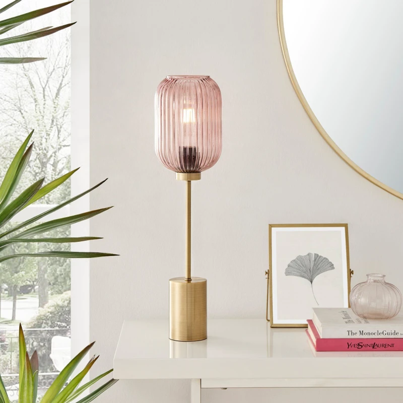 Image of FurnitureboxUK FurnitureboxUK Coral Brass Plated Retro Table Lamp With Pink Glass Shade in Gold Gold One Size Unisex 5056542694356