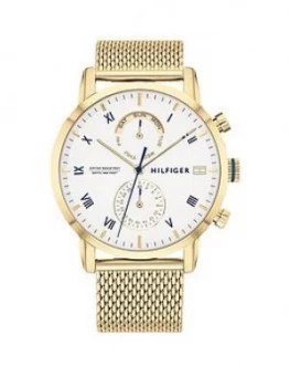 Image of Tommy Hilfiger Kane White Sunray Dial Gold Stainless Steel Mesh Strap Mens Watch