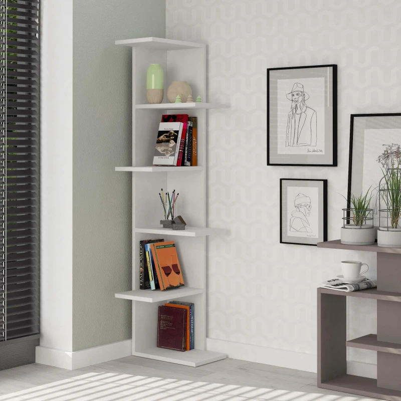 Image of DECORTIE Decortie - Saso Modern Corner Bookcase Display Unit Medium 141cm - White - White M.KT.02.13183.4