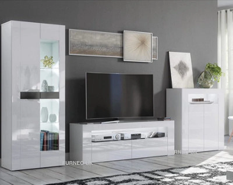 Image of Furneo High Gloss & Matt White Living Room Set TV Stand Sideboard Display Cabinet White LED Lights