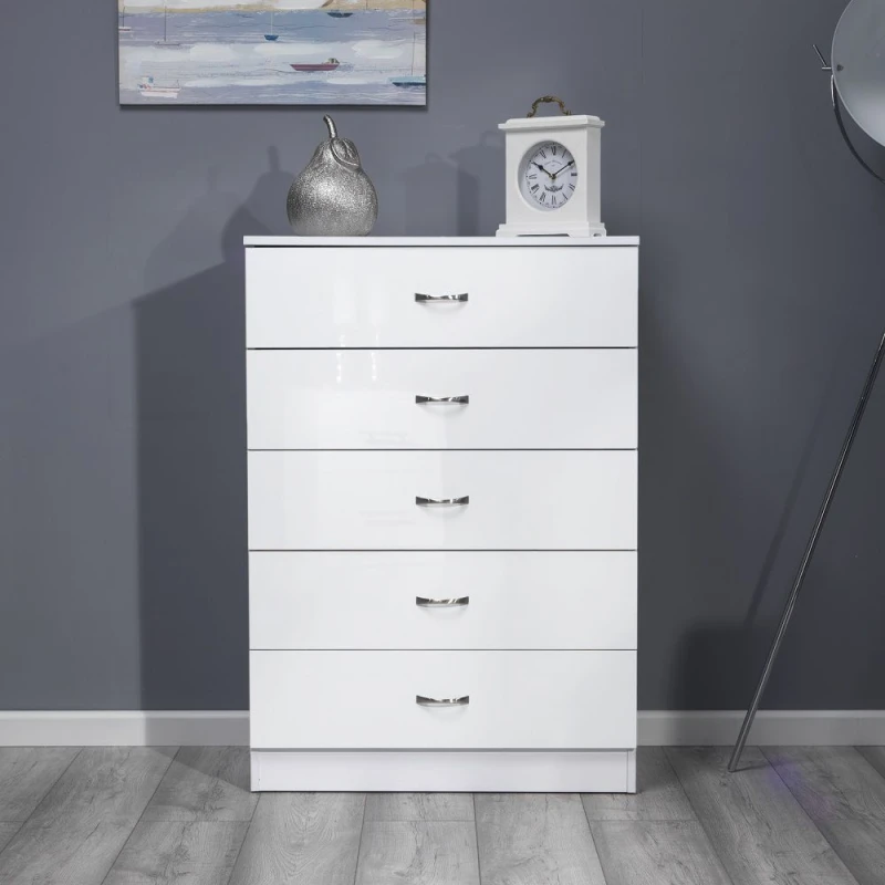 Image of LUXURY LIFE Chiswick Gloss White 5 Drawer Modern Tower Chest Of Drawers White