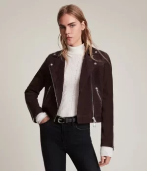 Image of AllSaints Womens Caden Suede Biker Jacket, Oxblood Brown, Size: 14