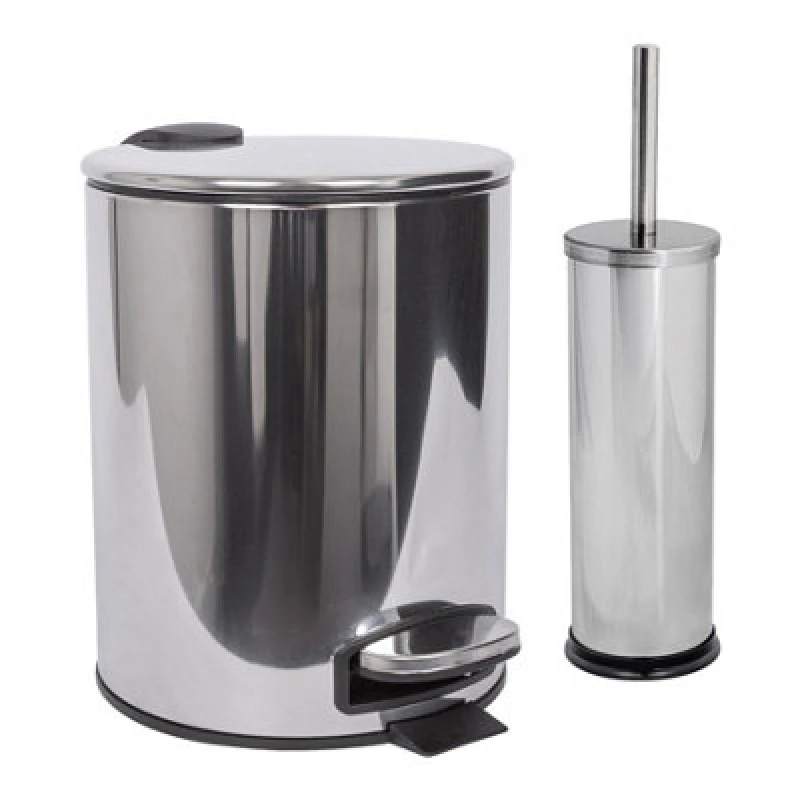 Image of Harbour Housewares Bathroom Bin & Toilet Brush Set - 5L - Chrome - Round Stainless Steel Slim Trashcan Rubbish Bin & Brush