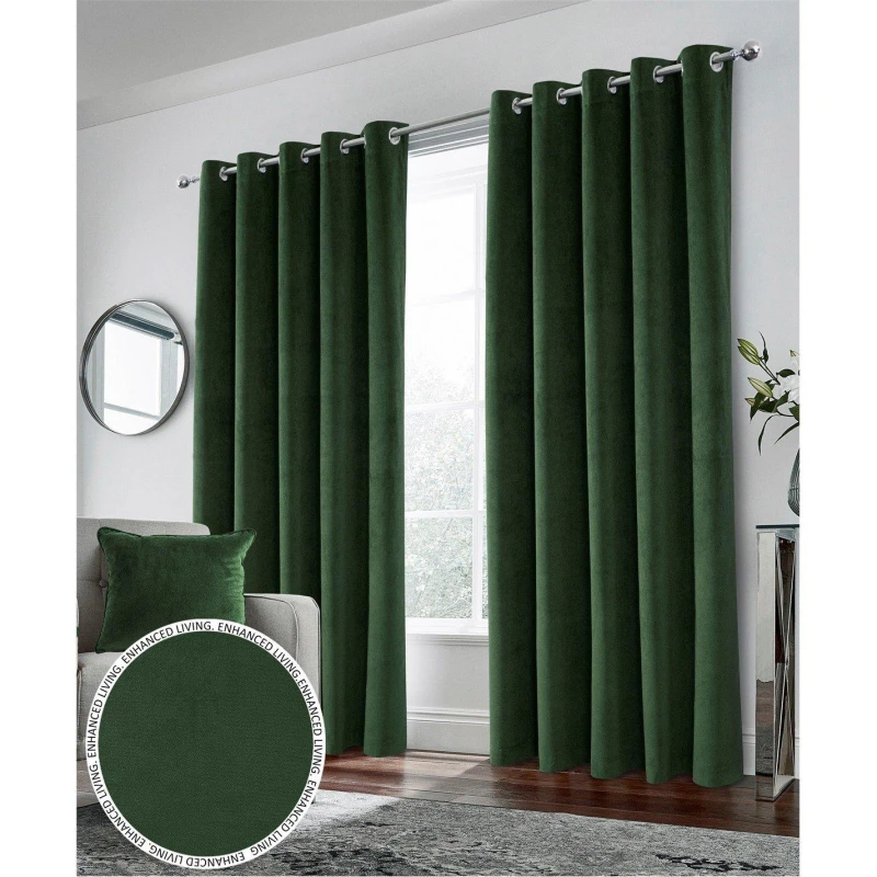 Image of Enhanced Living Velvet, Supersoft, 100% Blackout, Thermal Pair of Curtains with Eyelet Top - Green Green