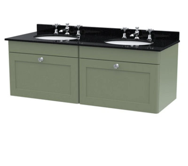 Image of NUIE Classique Satin Green 1200mm Wall Hung 2 Drawer Vanity Unit with Black Marble Countertop and 2 Round Basins with 6 Tap Holes - CLC894BR6 - Nuie C