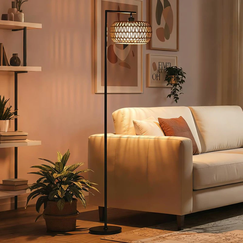 Image of HOMCOM Dimmable Standing Lamp with Double Shade, Boho Floor Lamp, Black Size: Large Black Unisex Large