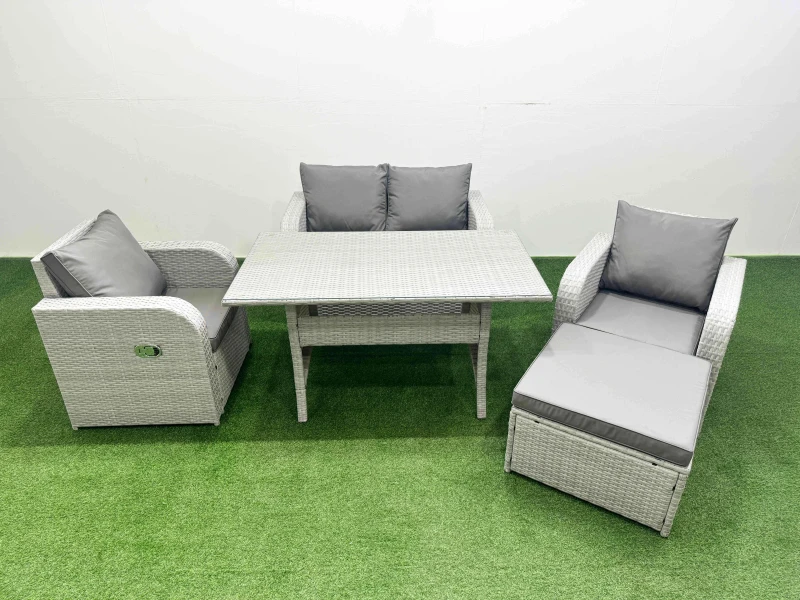 Image of Fimous Light Grey PE Wicker Rattan Garden Furniture Set Sofa Set Reclining Chair Rectangular Dining Table 5 Seater With Footstool Light Grey