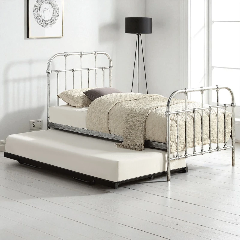 Image of OAT Home Camden Distressed Antique Effect Hospital Style Metal Single Bed Frame & Guest Trundle in Metallic Silver Metallic Silver Unisex Single