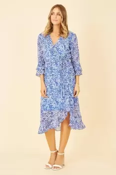 Image of Blue Floral 3/4 Sleeve Frill Wrap Dress