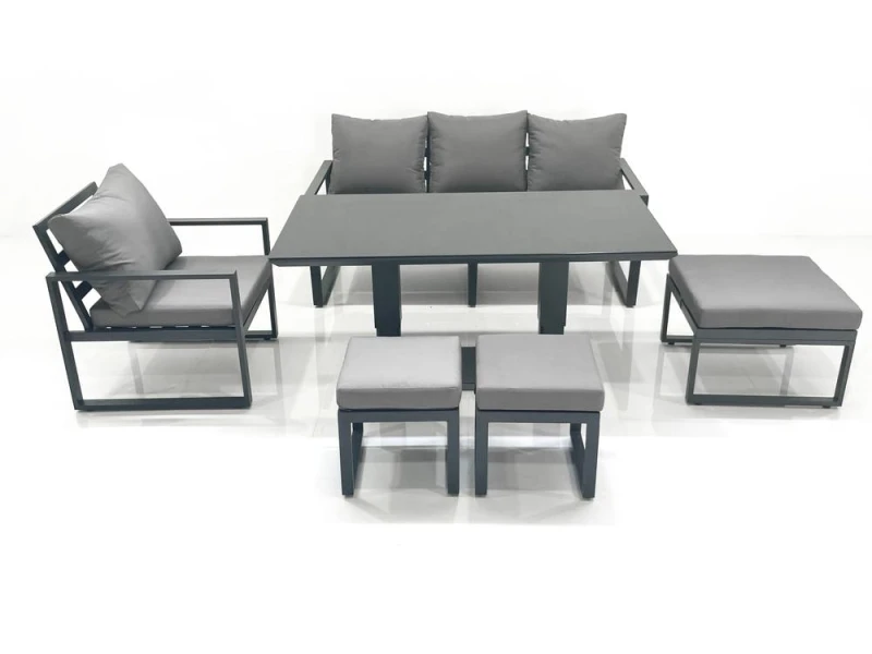 Image of Fimous Outdoor Aluminium Garden Furniture Set with Adjustable Rising Lifting Dining Table 3 Seater Sofa Chair 3 Footstools Dark Grey Dark Grey Unisex