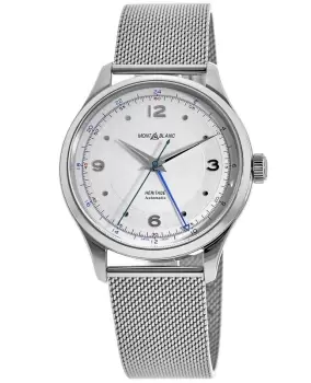 Image of Mont Blanc Heritage Automatic GMT Silver Dial Steel Mesh Band Mens Watch 119949 119949