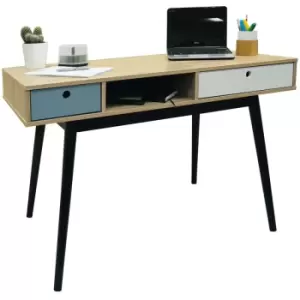Image of Watsons - industrial - 2 Drawer Office Computer Desk / Dressing Table - Oak / Black - Oak / Black / Blue / White
