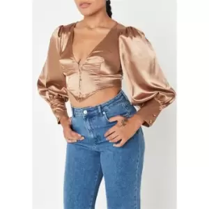 Image of Missguided Waffle Stitch Collared Zip Front Crop Top - Cream