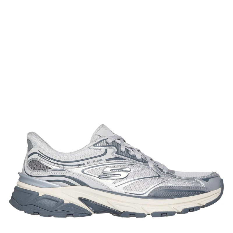 Image of Skechers Womens Stamina Sport - Metallic Overlay Mesh Lace-Up Slip-Ins Silver /Gray Size: 5 Silver Female 5