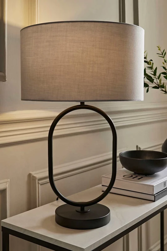 Image of ValueLights ValueLights Antonia Fabric Drum Lamp Shade Matte Black Oval Table Lamp in Grey Grey One Size Unisex 5059406064913