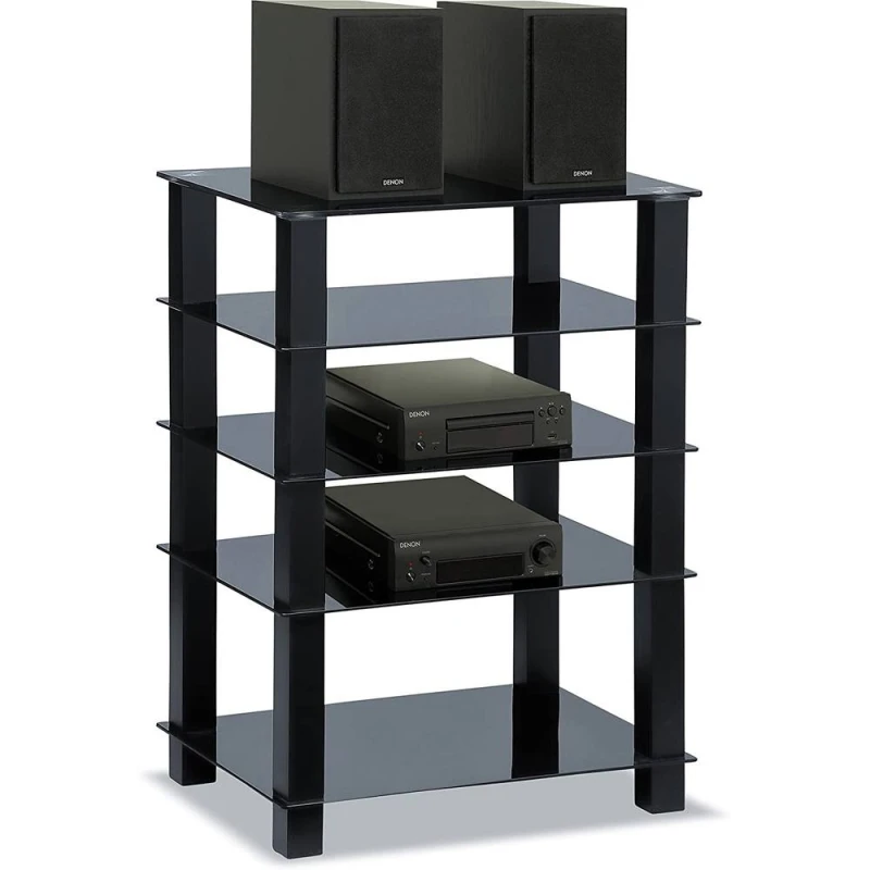 Image of CENTURION SUPPORTS Centurion Supports TRINITY Gloss Black 5 Shelf with Black Legs Flat Screen TV Rack Glass Stand Trinity Black Black