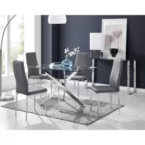 Image of Furniturebox UK - Furniturebox Leonardo 4 Chrome Leg Glass Dining Table and 4 Grey Milan Velvet Dining Chairs Diamond Stitch Modern Contemporary