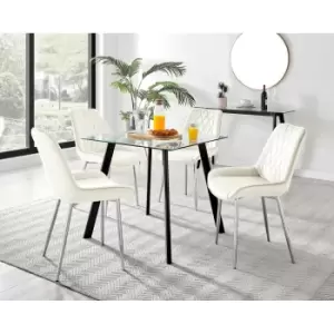 Image of Furniture Box Seattle Glass and Black Leg Square Dining Table & 4 Cream Pesaro Silver Chairs