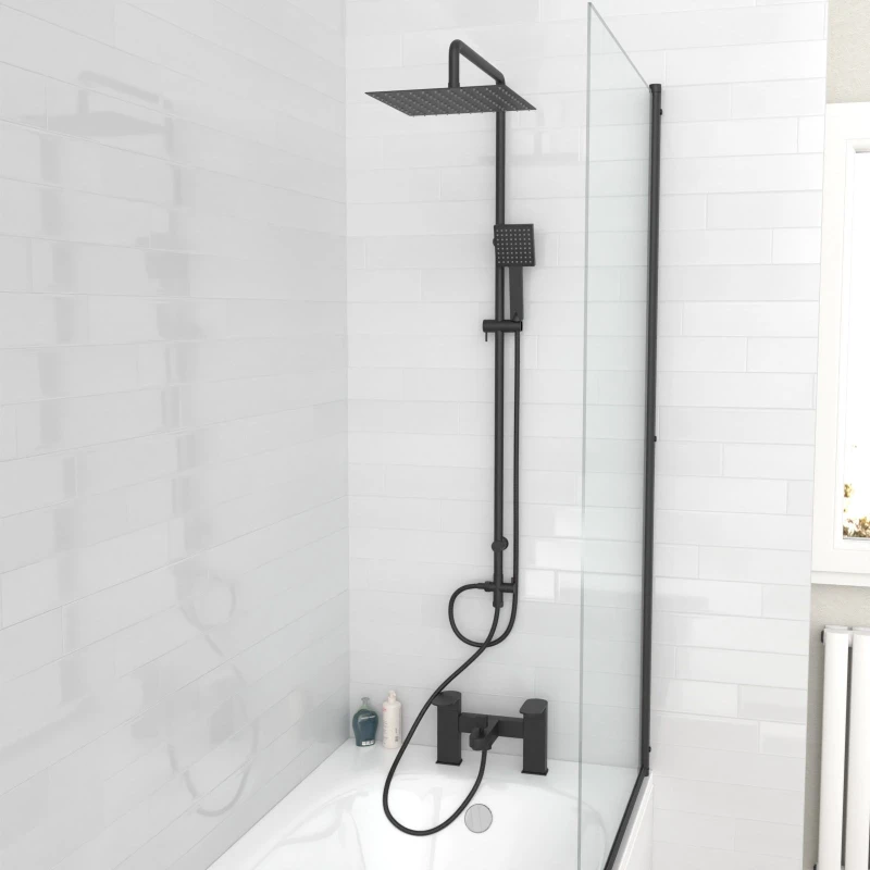 Image of Nes Home Square Shower Mixer With Bath Tap, Handset & Riser Rail Kit Matte Black Unisex