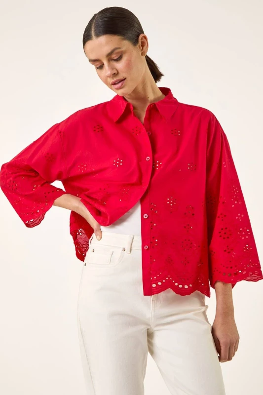 Image of Roman Womens Broderie Hem Buttoned Shirt in Red Size: 16 Red Female 16