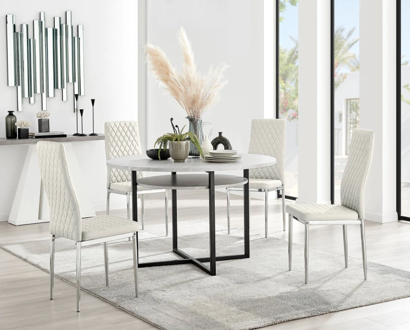 Image of FurnitureboxUK FurnitureboxUK Adley Grey Concrete Effect Round Dining Table & 4 Velvet Milan Chairs in Cream Cream One Size Unisex 5056657141806