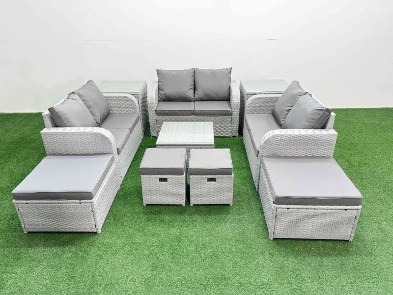 Image of Fimous PE Rattan Love Sofa Set with Coffee Table 4 Footstools 2 Side Tables in Light Grey Light Grey Unisex