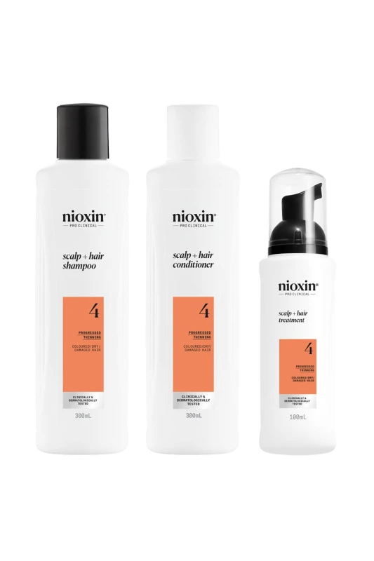 Image of Nioxin Scalp + Hair Thickening System 4 for Coloured, Dry and Damaged Hair with Progressed Thinning, Loyalty Kit Clear