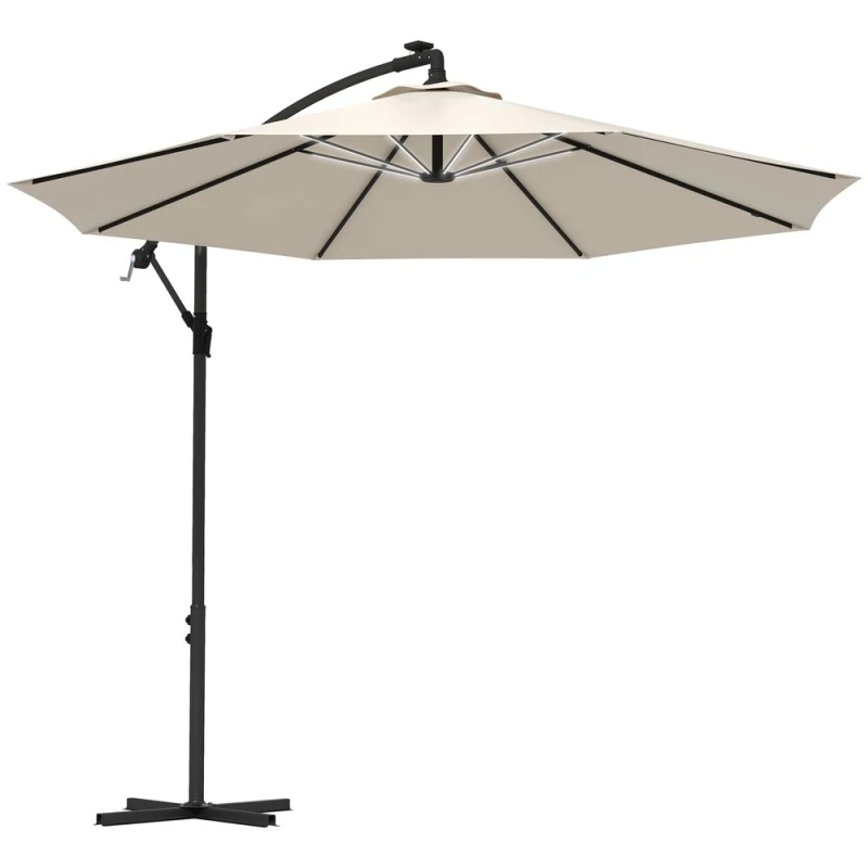Image of Outsunny 3(m) LED Patio Banana Umbrella Cantilever Parasol W/ Crank, Beige, Cream 84D-066V01BG